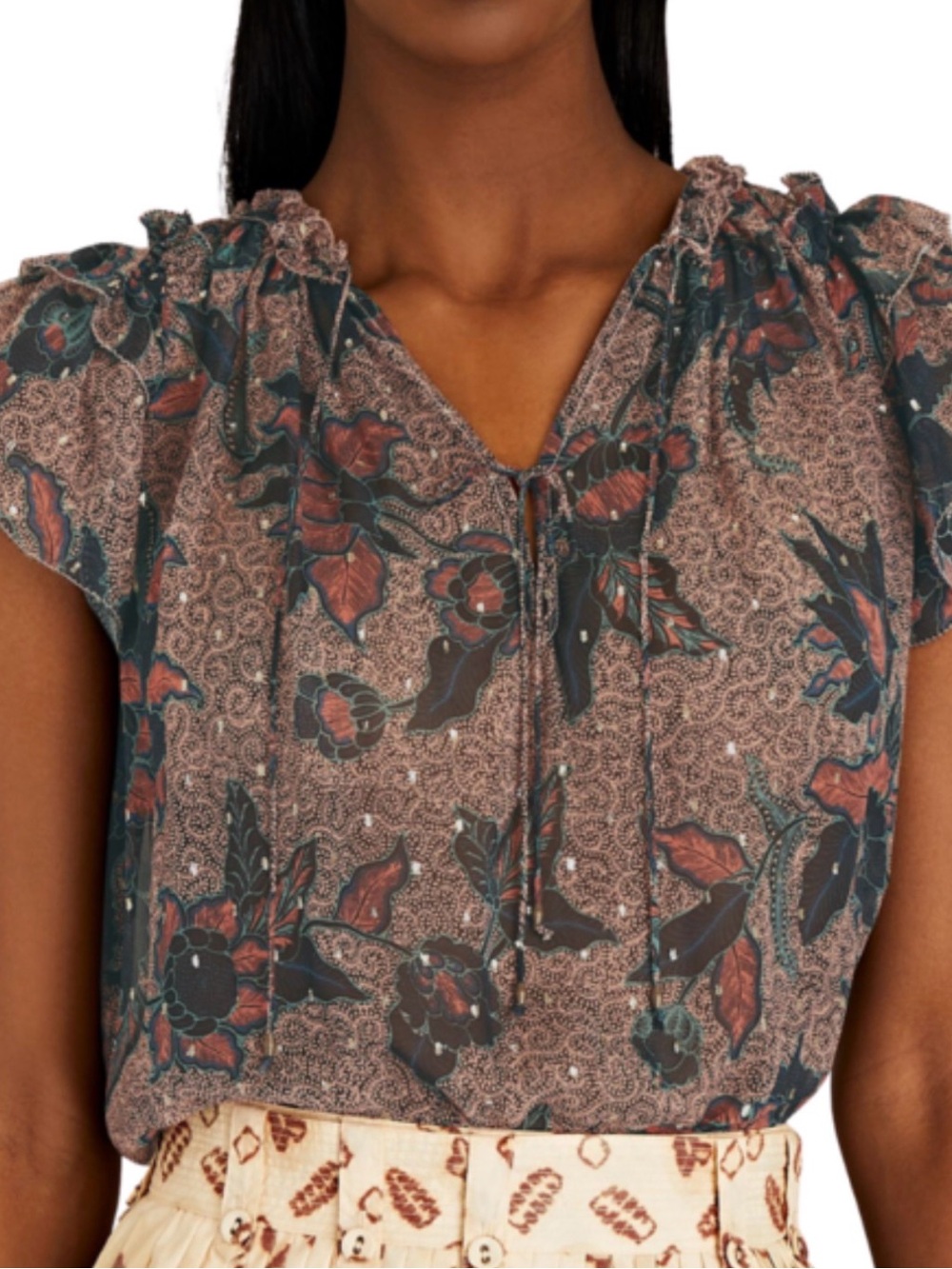 Ulla Johnson Marilyn Top Coral Navy Floral Silk Ruffle Sleeve Blouse Size 2